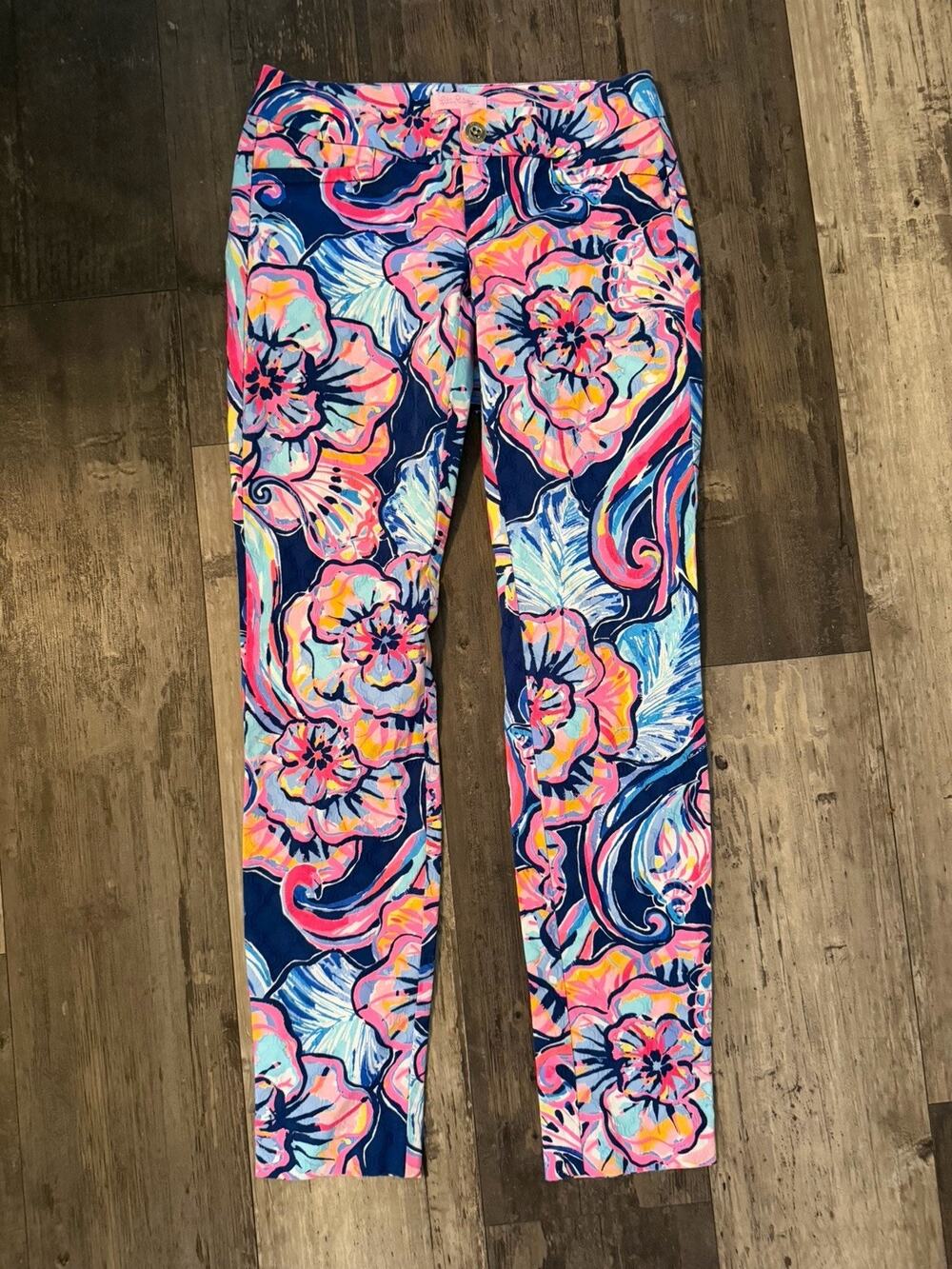 Lilly Pulitzer Kelly Skinny Ankle Pants Size 00 Tropical Floral Pink Blue